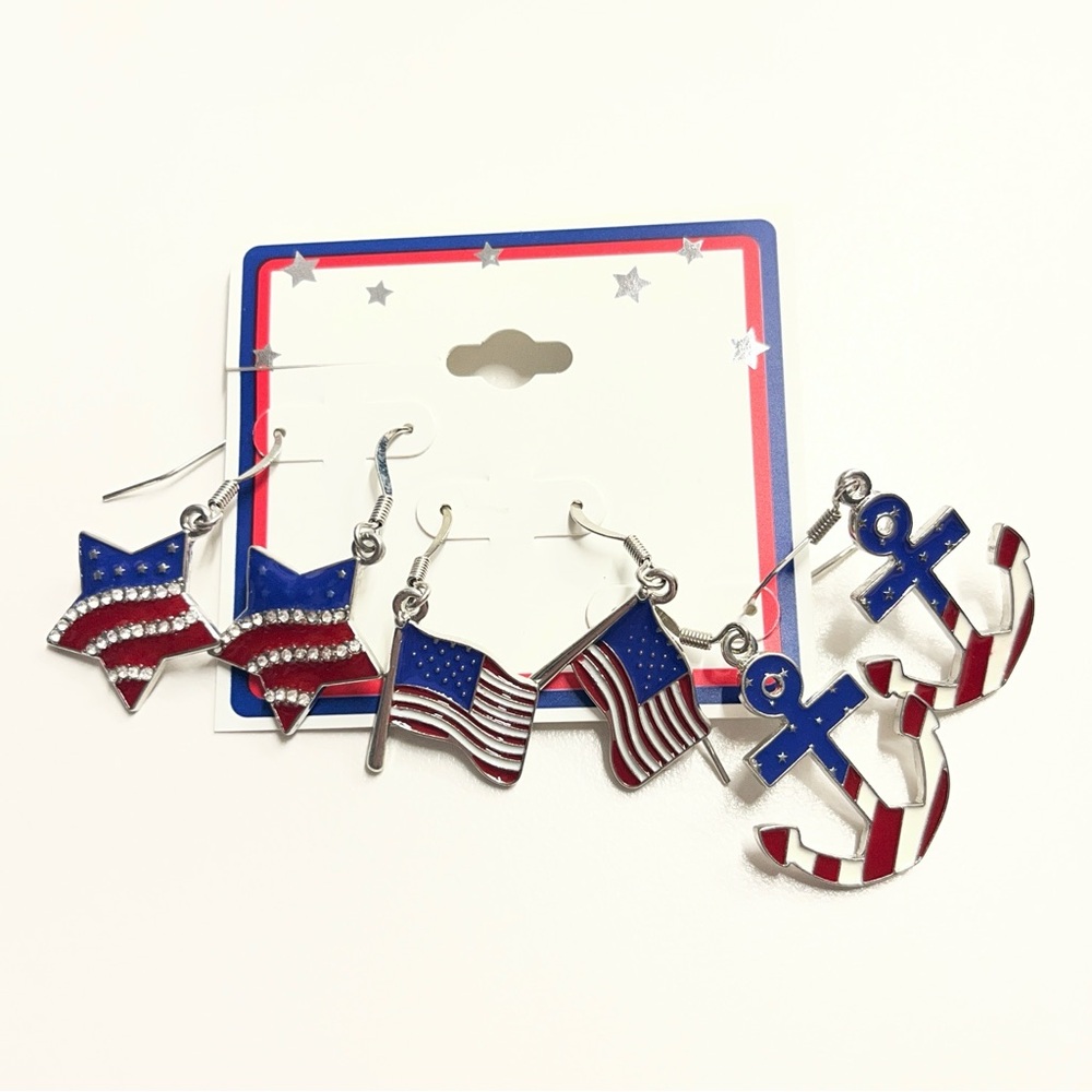 3 pair New Americana style earrings red white blue star flag anchor hook earring
